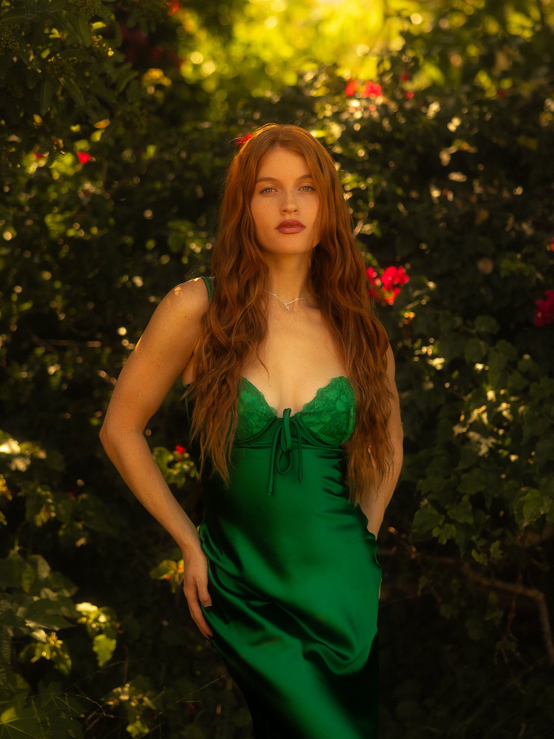 Jade Patteri, green satin gown, golden hour